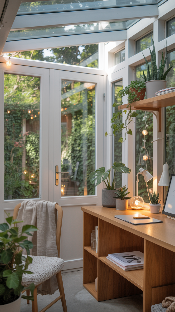 Garden shed converted into a tiny home office and studio with large glass doors, built in desk, plants, and Scandinavian styling.