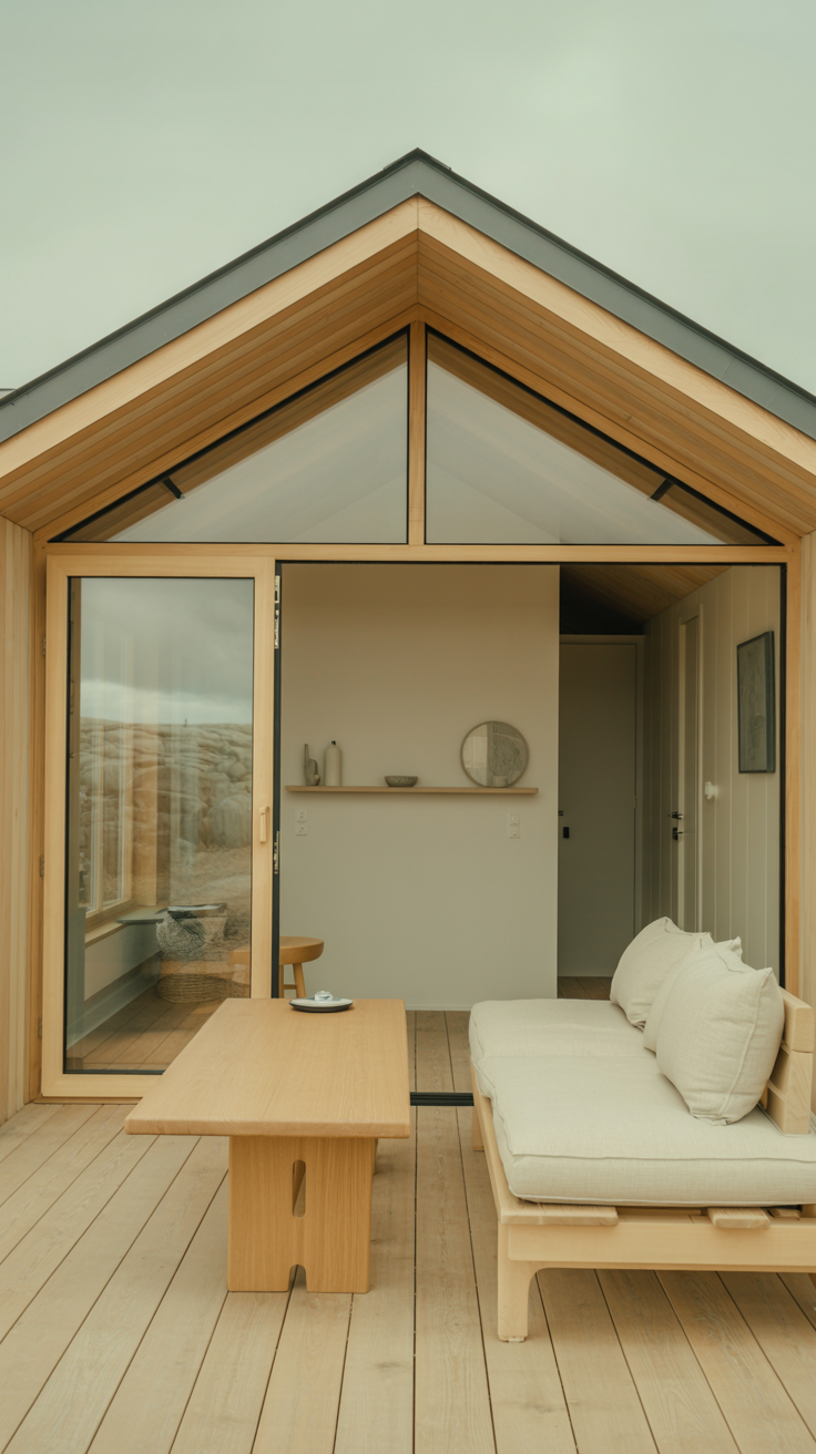 Minimal Scandinavian shed tiny house with light oak interiors, white walls, simple furnishings, and clean modern styling.