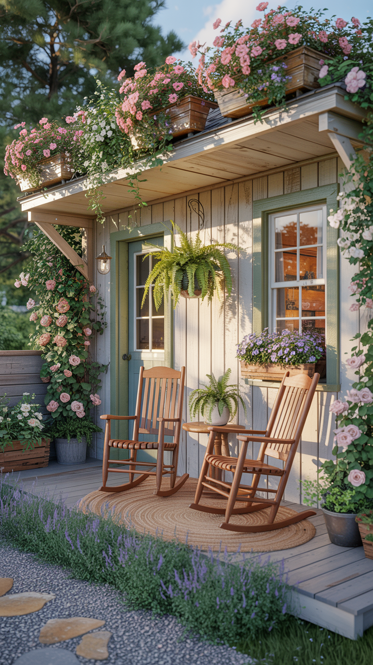 Converted shed tiny house with a covered front porch, rocking chairs, flower boxes, and charming cottage exterior.