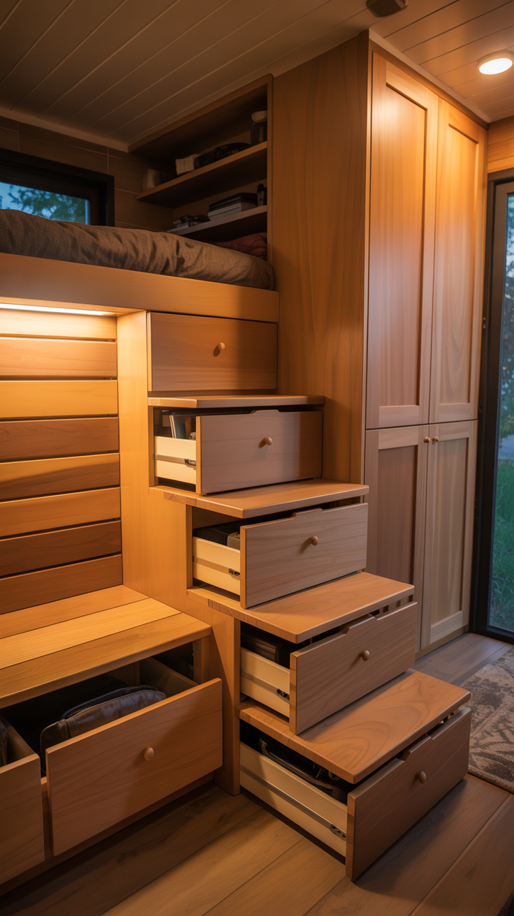 Shed tiny house filled with built in storage under benches, stairs, beds, and custom cabinetry.