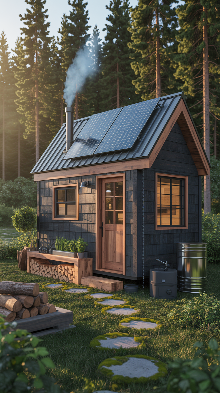 Off grid shed tiny house with solar panels, rainwater collection, wood stove, and sustainable design.