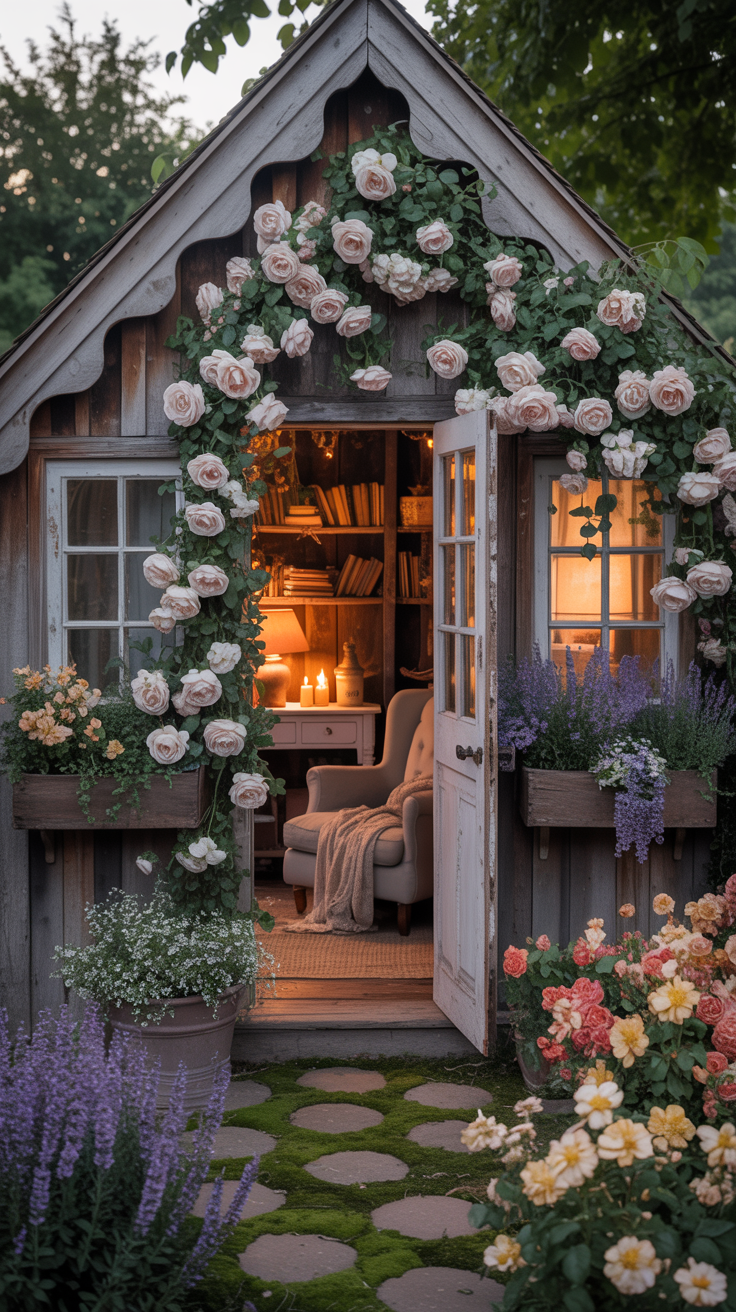 Enchanting shed converted into a storybook cottage with climbing roses, window boxes, stone pathway, and cozy interior.
