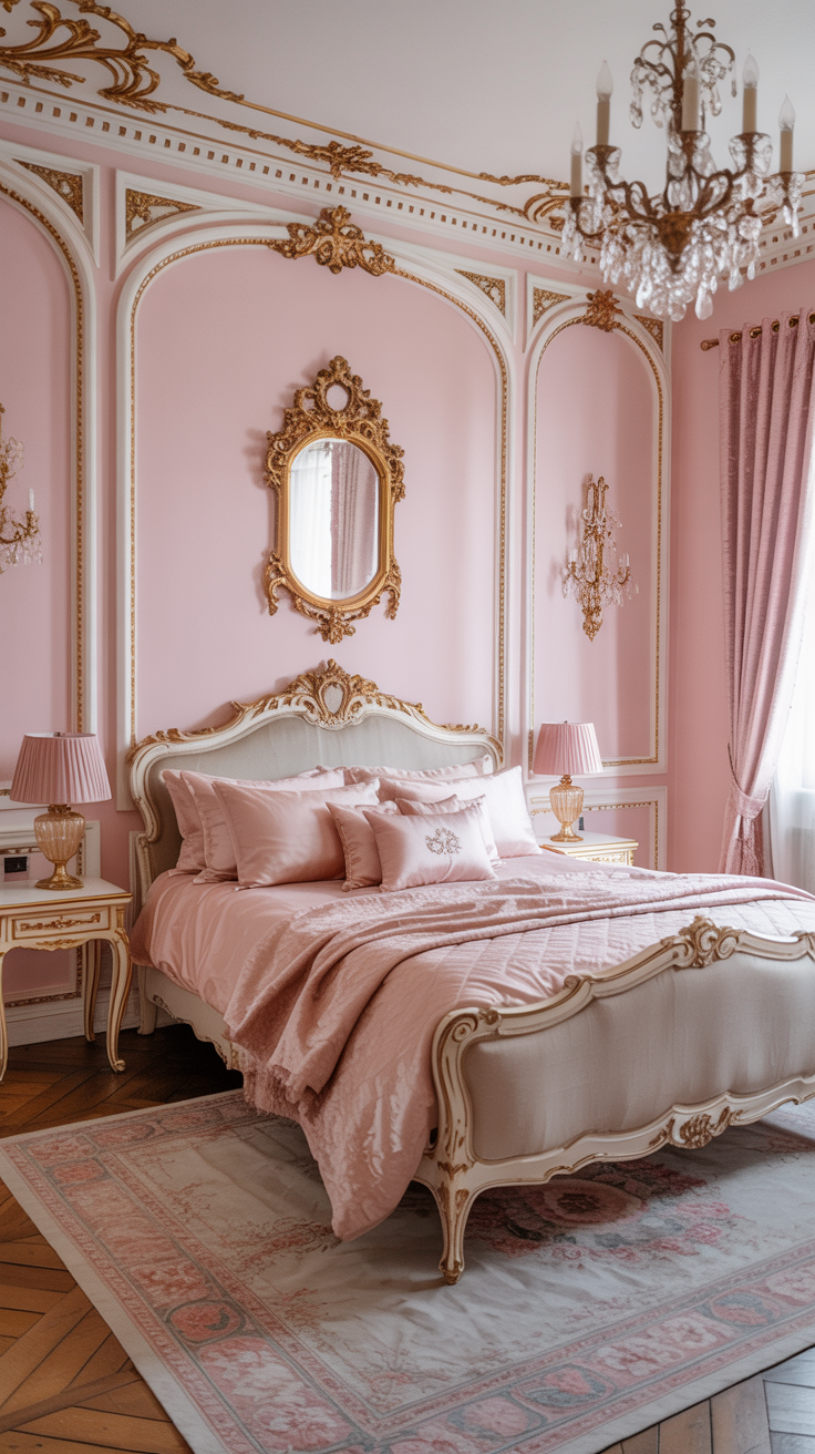 Elegant pink Rococo bedroom with gilded French moldings, a cream carved bed, blush satin bedding, vintage gold mirror, crystal sconces, and classic Parisian decor.