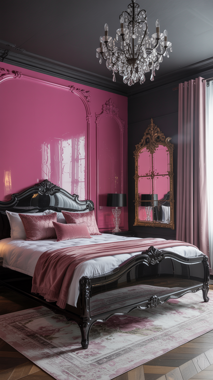 Modern pink Rococo bedroom featuring a black lacquer bed, glossy fuchsia accent wall, crystal chandelier, charcoal walls, and luxurious contemporary French styling.