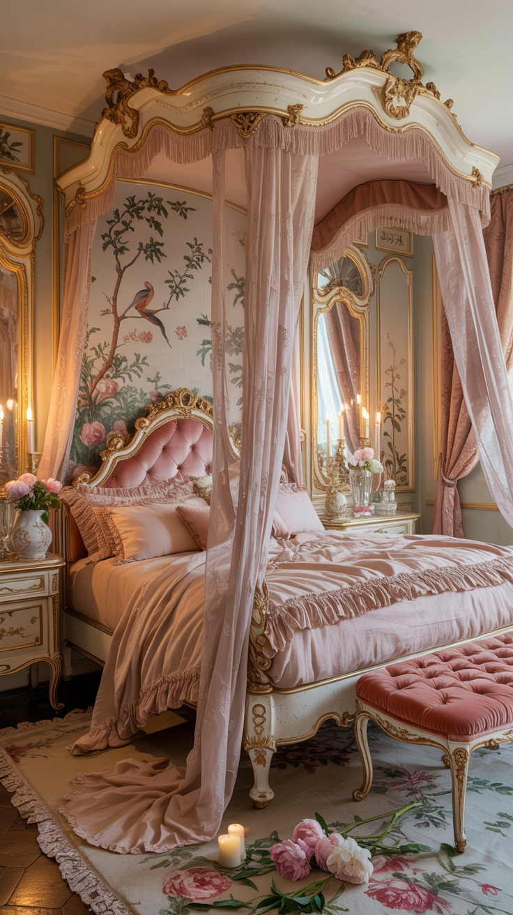 Romantic pink Rococo bedroom with an ivory canopy bed, blush bedding, Chinoiserie wall panels, rose velvet bench, and soft French inspired decor.
