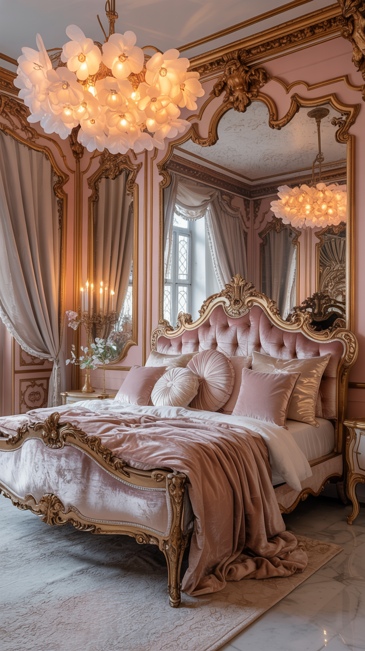 Dusty rose Rococo bedroom with a blush velvet bed, antique gold mirrors, brushed gold accents, Murano glass lighting, and glamorous vintage French style.