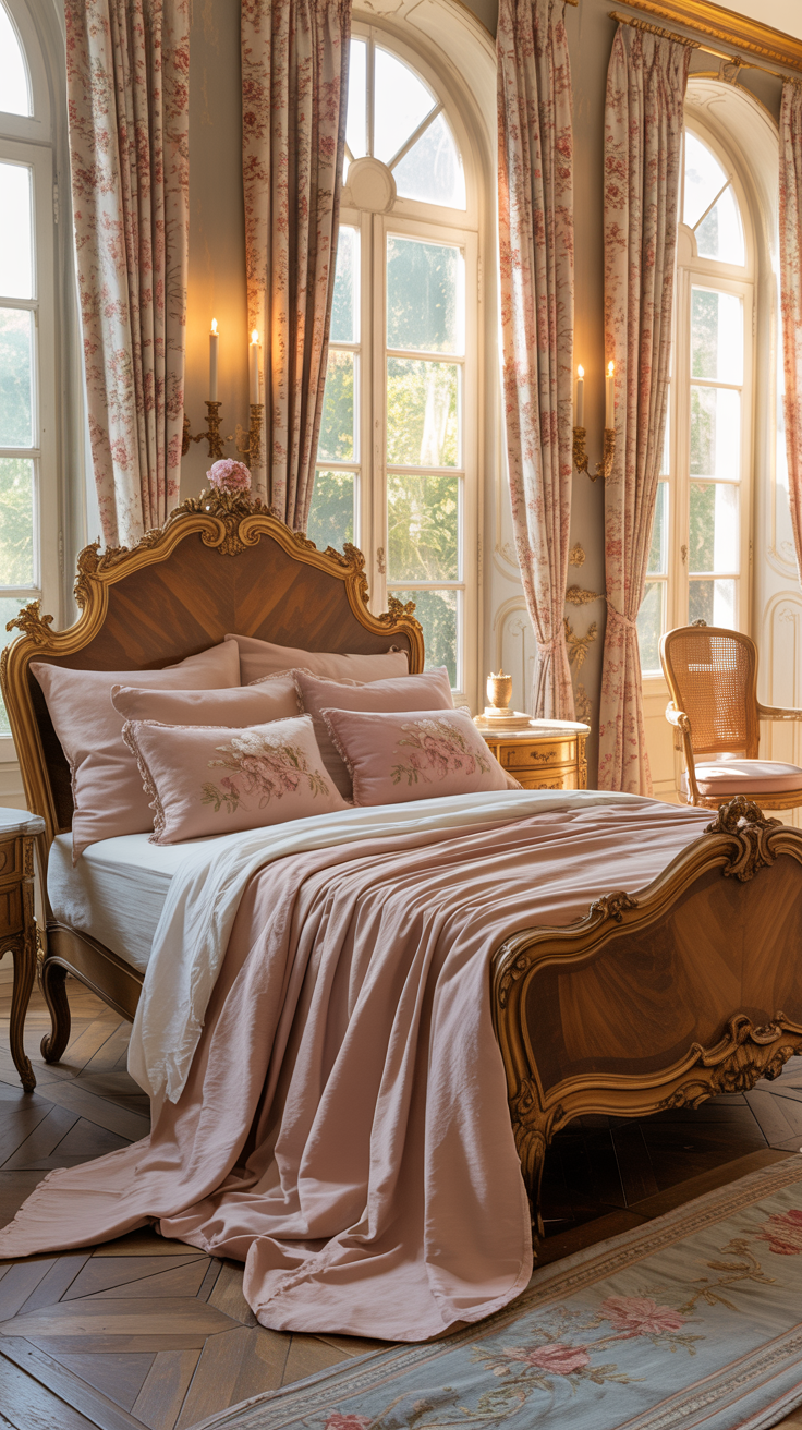 Warm blush Rococo bedroom featuring a carved walnut bed, floral toile curtains, oak bedside tables, cane chair, and timeless French country elegance.