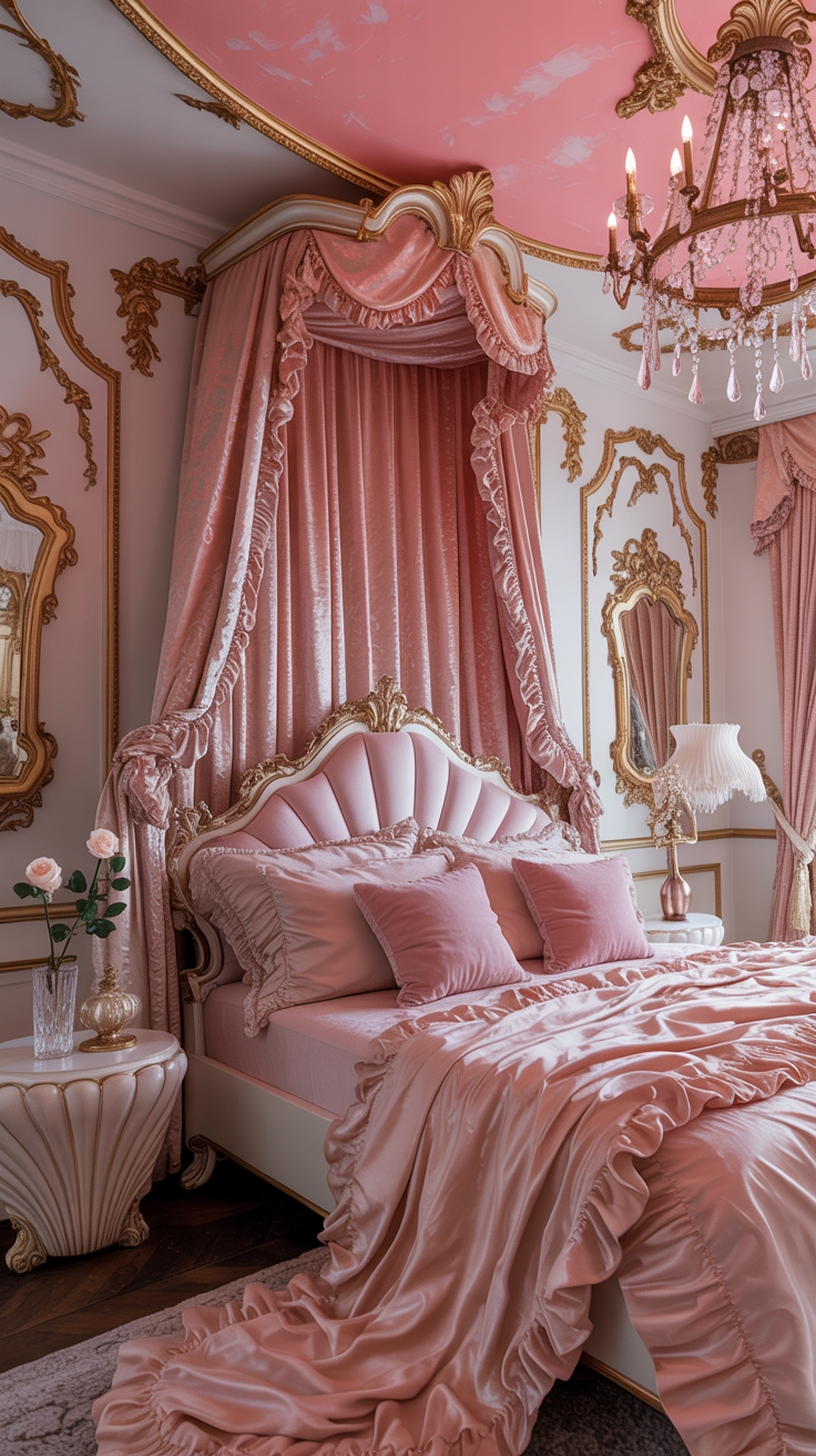 Playful pink Baroque bedroom with a bubblegum pink ceiling, ornate white bed, ruffled bedding, shell nightstand, crystal chandelier, and whimsical French decor.