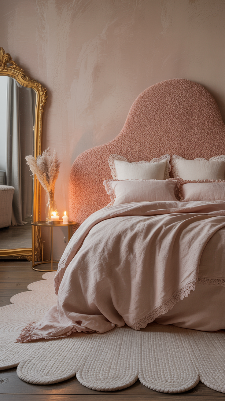 Minimalist pink Rococo bedroom with a curved bouclé headboard, blush linen bedding, scalloped rug, gold mirror, and elegant modern French styling.