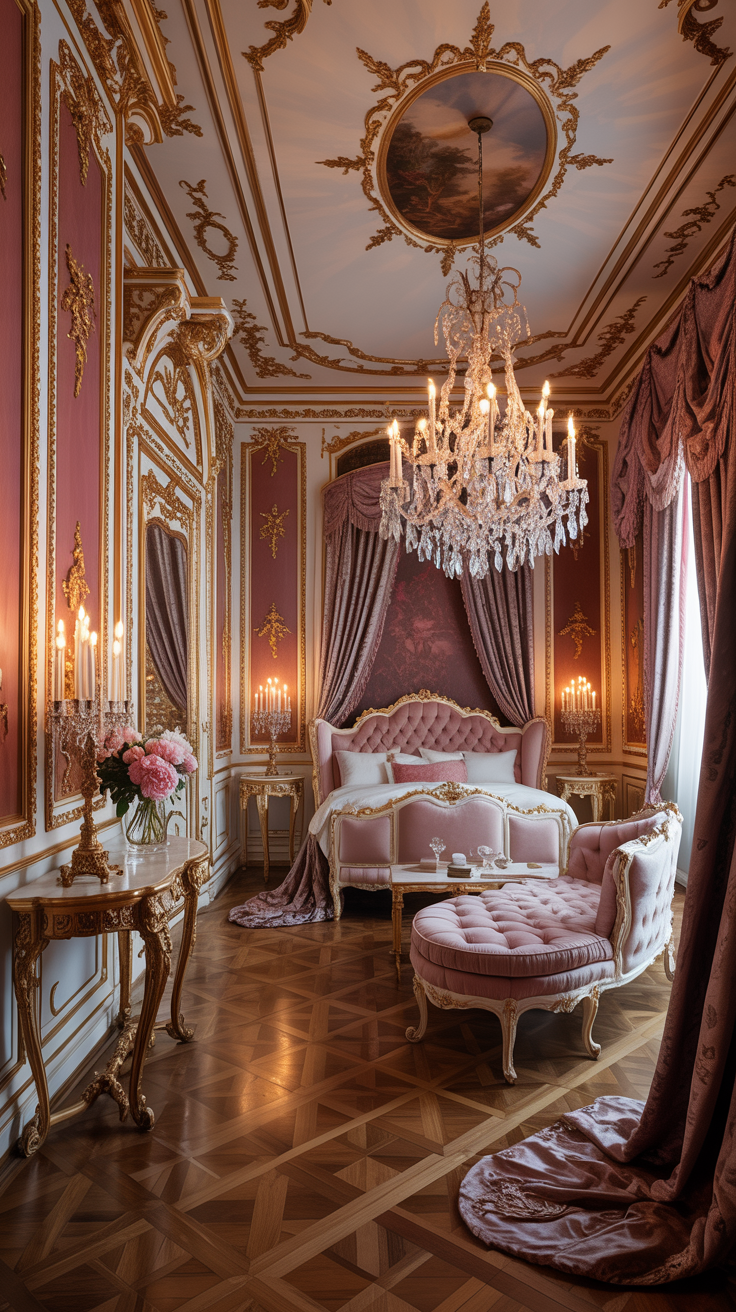Luxurious antique rose Rococo bedroom with Versailles style wall paneling, crystal chandelier, tufted velvet furniture, parquet flooring, and grand French interiors.