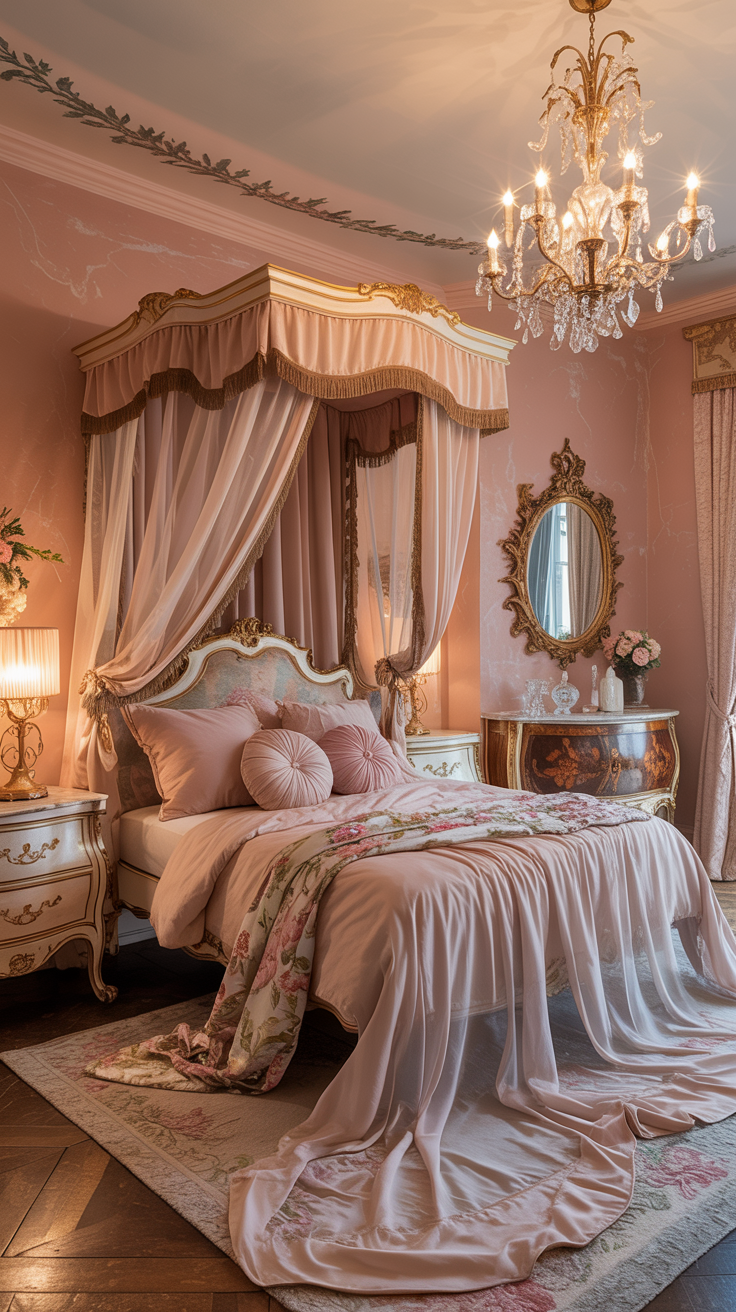 Wide room shot of a blush-and-gold Rococo boudoir: a carved antique-white canopy bed with gilt accents draped in sheer blush voile puddling on the floor; soft blush limewash walls and a pale pink ceiling with a hand-painted garland border; a crystal-and-gold chandelier sparkling overhead; silk powder-pink duvet, ruched velvet pillows, floral damask throw; curvy bombe dressers with ormolu pulls, an oval marquetry bedside table; an antique gilt mirror over a petite marble-topped commode; warm evening light for a romantic glow, photorealistic, straight-on perspective.