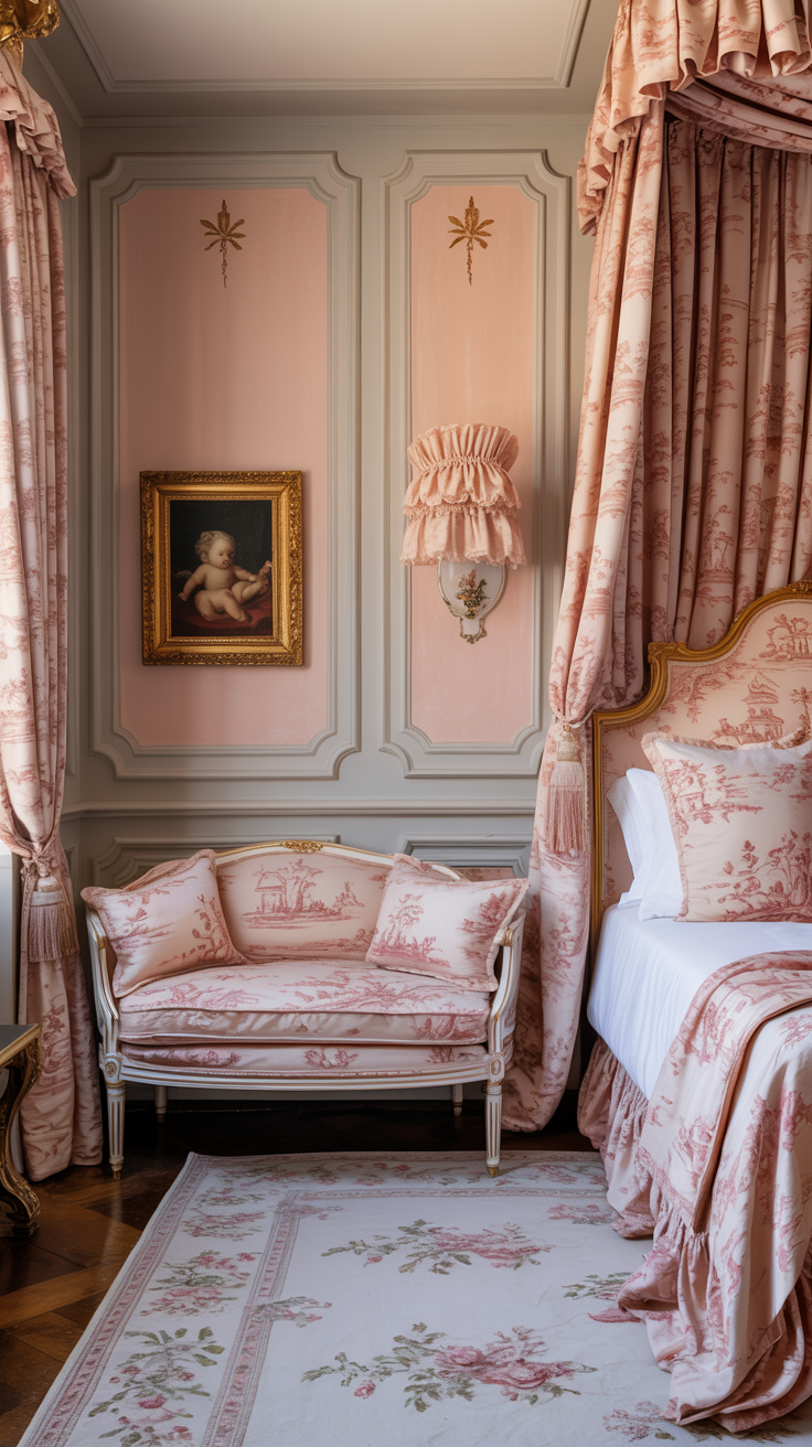Medium shot of a rose toile retreat: upholstered headboard and full drapery in rose toile de Jouy; painted wall paneling with soft white frames and blush insets, petite gilt rosettes at corners; a Louis XV daybed beneath the window in matching toile; rug with delicate floral borders on a milky-pink ground; porcelain sconces with ruffled shades flanking the bed; a small gilt-framed oil painting of cherubs; palette of petal pink, antique white, brushed gold; soft daylight filtering in, corner angle.