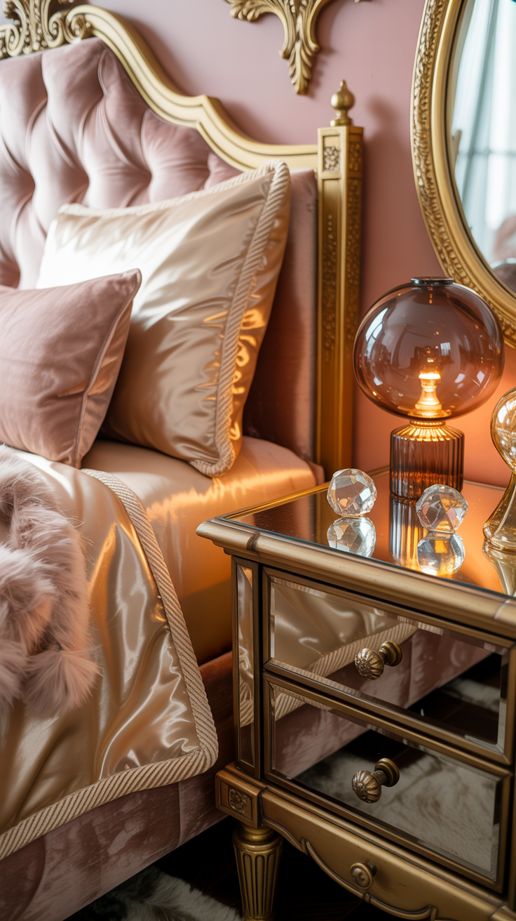 Detail closeup of gilded glam textures: blush velvet tufted bed with ornate scrollwork, satin quilt with rope trim folded at the edge, velvet bolster, dusty-pink faux-mink throw; antiqued mirrored nightstand reflecting smoked crystal lamp; gentle rose-beige wall and a glimpse of a pale-gold ceiling medallion above; glass knobs and gilded drawer pulls sparkling; ornate oval mirror edge visible; moody evening illumination with soft highlights, photorealistic macro texture focus.