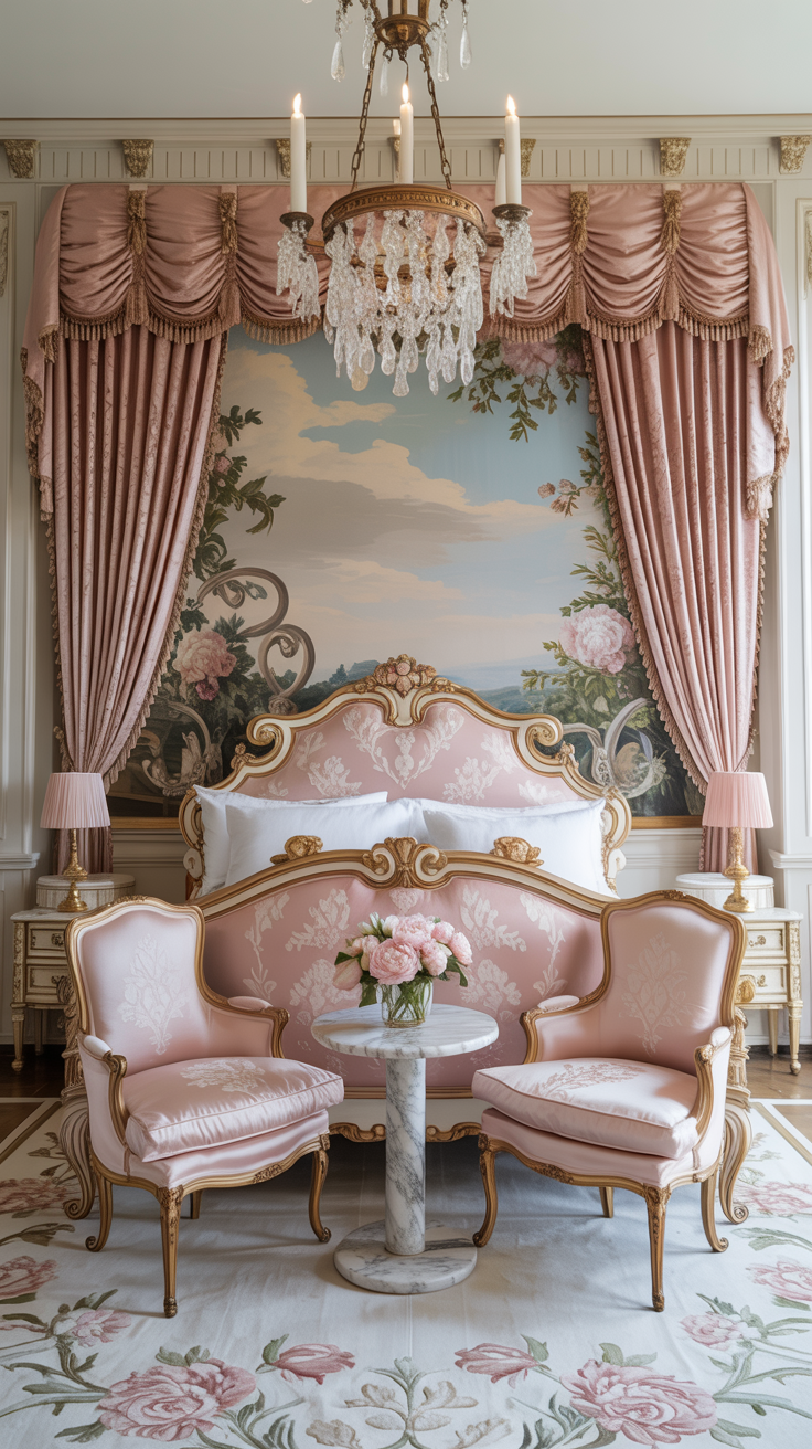 Wide shot evoking a pastel Versailles bedroom: hand-painted mural behind the bed with soft clouds, peonies, and curling acanthus in pink and ivory; curlicue wood bed frame in antique cream with blush damask upholstery; silk taffeta drapes with triple pleats and tasseled tiebacks; ivory Aubusson rug with pastel florals; tiered chandelier with glass drops and candle sleeves; two petite fauteuils in petal-pink silk around a marble-topped side table; ornate cornices and a gilded cartouche above the headboard; bright yet soft natural light, straight-on palace-like symmetry.