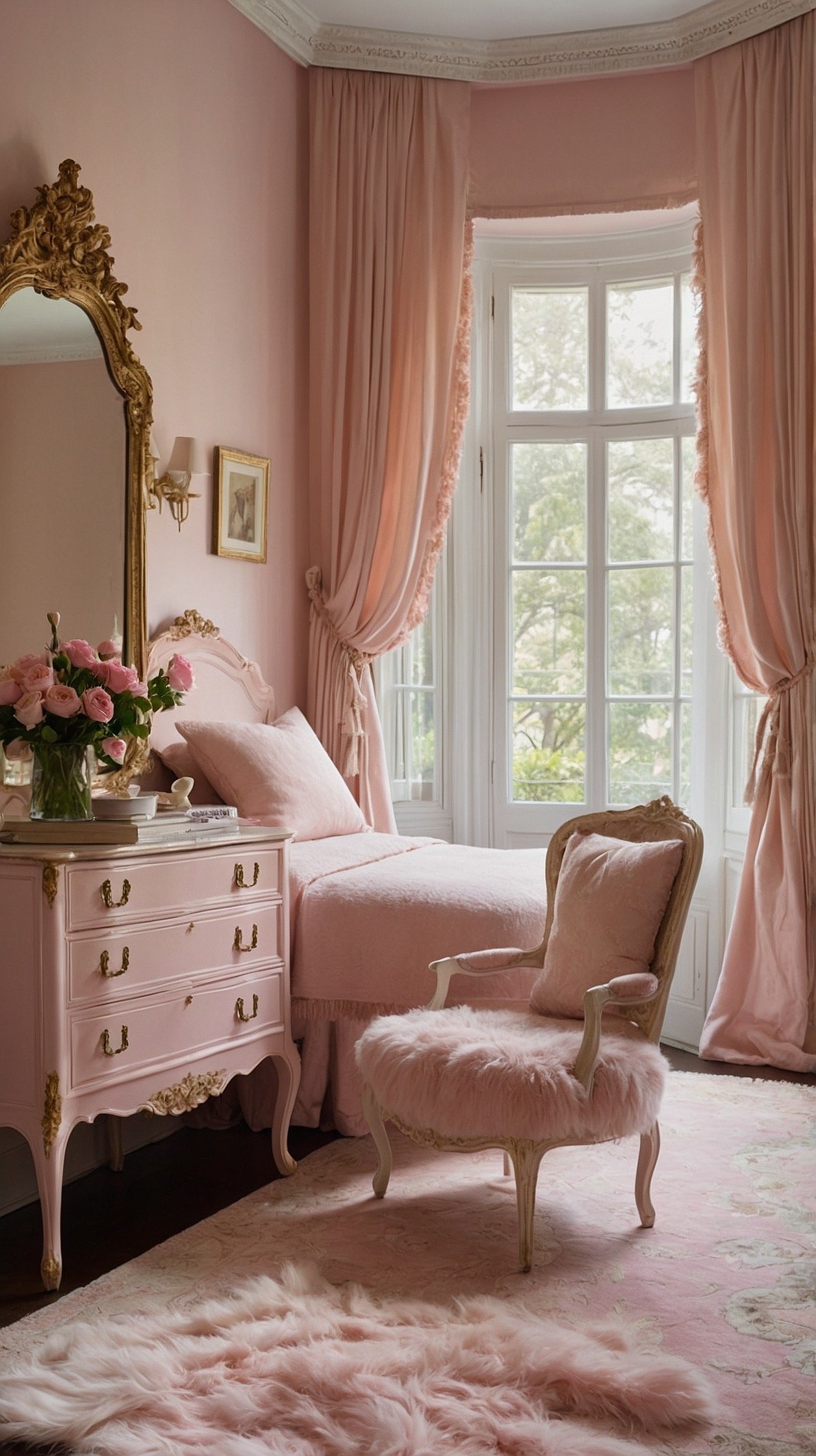 Closeup detail of playful powder-room pink textiles and accents: white Rococo bed dressed in a ruffled linen duvet, euro shams edged in lace; powder-pink wall softly blurred in background; Swiss-dot sheer curtain layered with ribbon-trimmed valance catching daylight; porcelain rose knobs on a nightstand; petite glass-flower sconce with ribbon detail glinting; a cameo tray and a hint of a skirted vanity with scalloped edge; bright, cheerful natural light highlighting fabric textures.