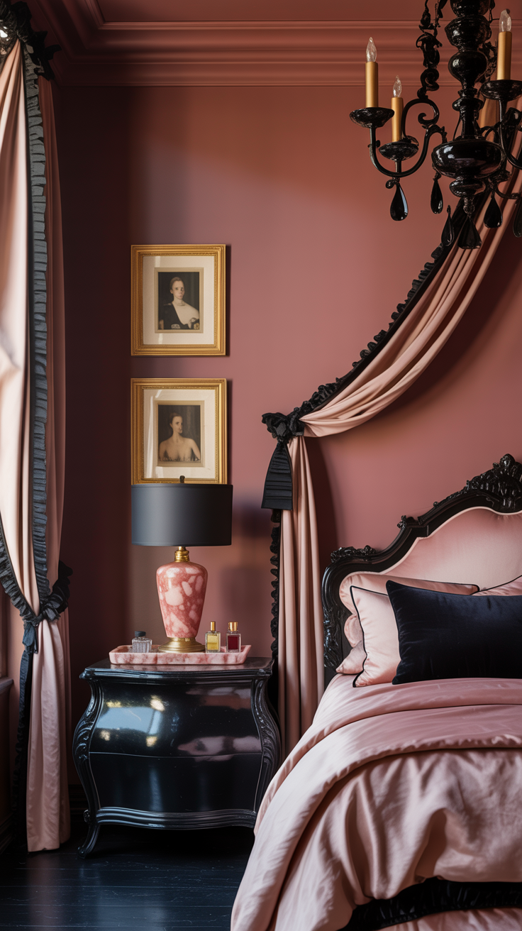 Dramatic medium shot with Baroque-inflected contrast: dusky rose walls, ebony-framed bed with carved flourishes dressed in pale pink sateen and black velvet pillows; black-lacquer bombe chest topped with a pink-marble table lamp and a lacquered tray for perfume bottles; blush silk drapery edged in black grosgrain ribbon framing the window; black crystal chandelier with gold candle cups overhead; sepia portrait prints in gilt frames above the chest; moody evening lighting with defined shadows, photorealistic, eye-level.