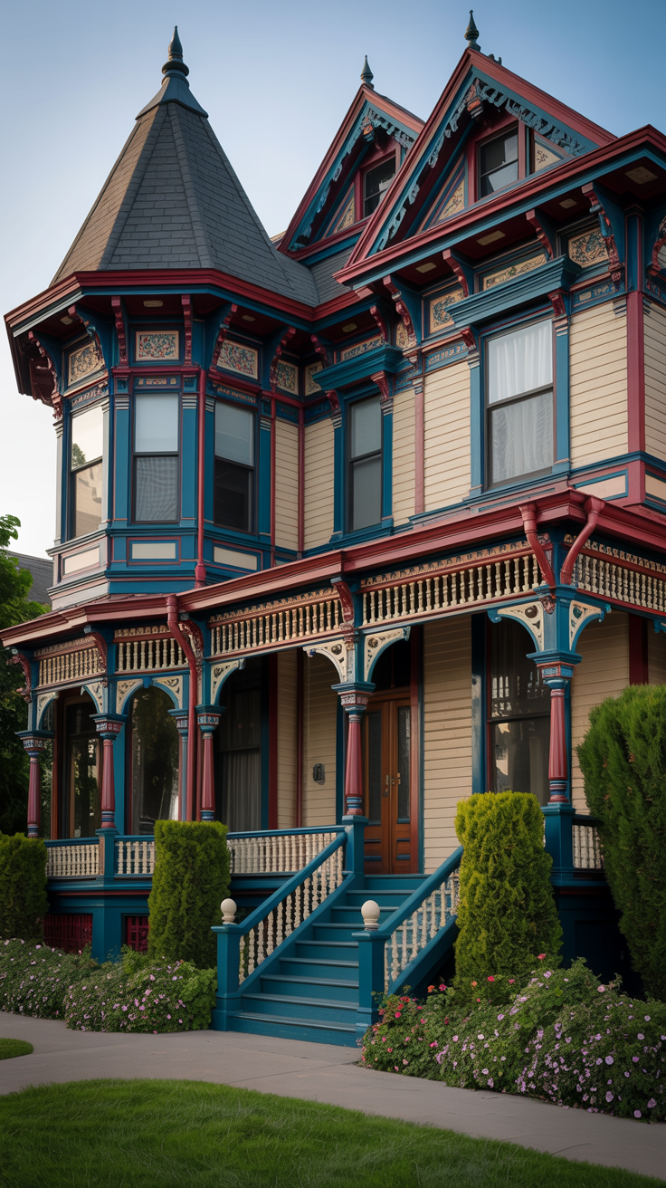 Beautiful Queen Anne Victorian house with colorful painted trim, turret, wraparound porch, and decorative woodwork.