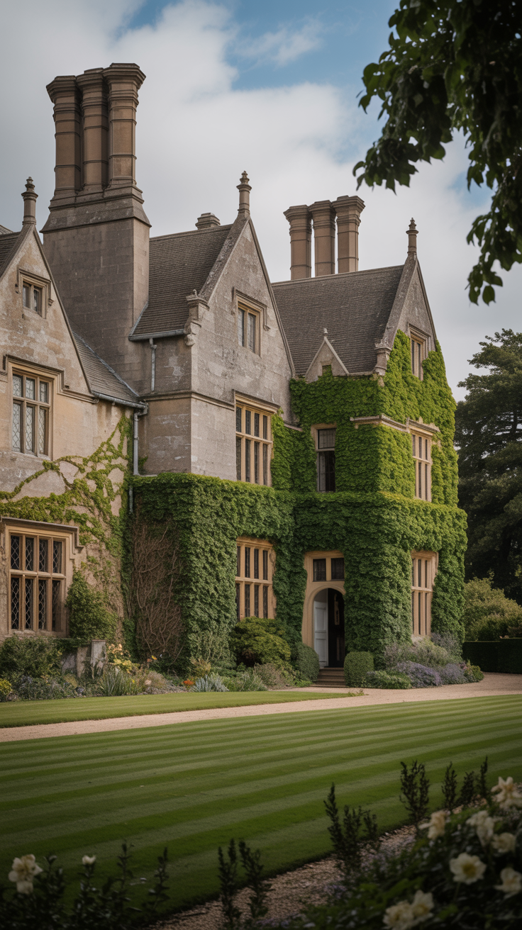 Historic Victorian country manor covered in ivy with stone walls, tall chimneys, and mature English gardens.