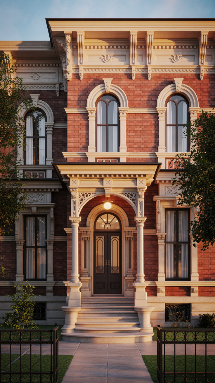 Elegant Italianate Victorian brick home with tall arched windows, decorative brackets, and stately entrance.