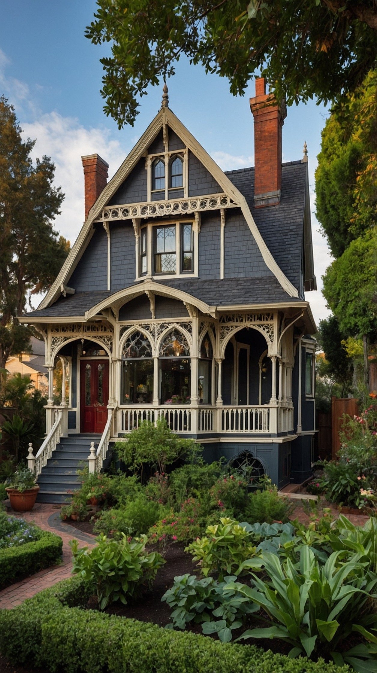 Victorian Gothic Revival cottage with pointed gables, decorative bargeboards, tall windows, and lush gardens.