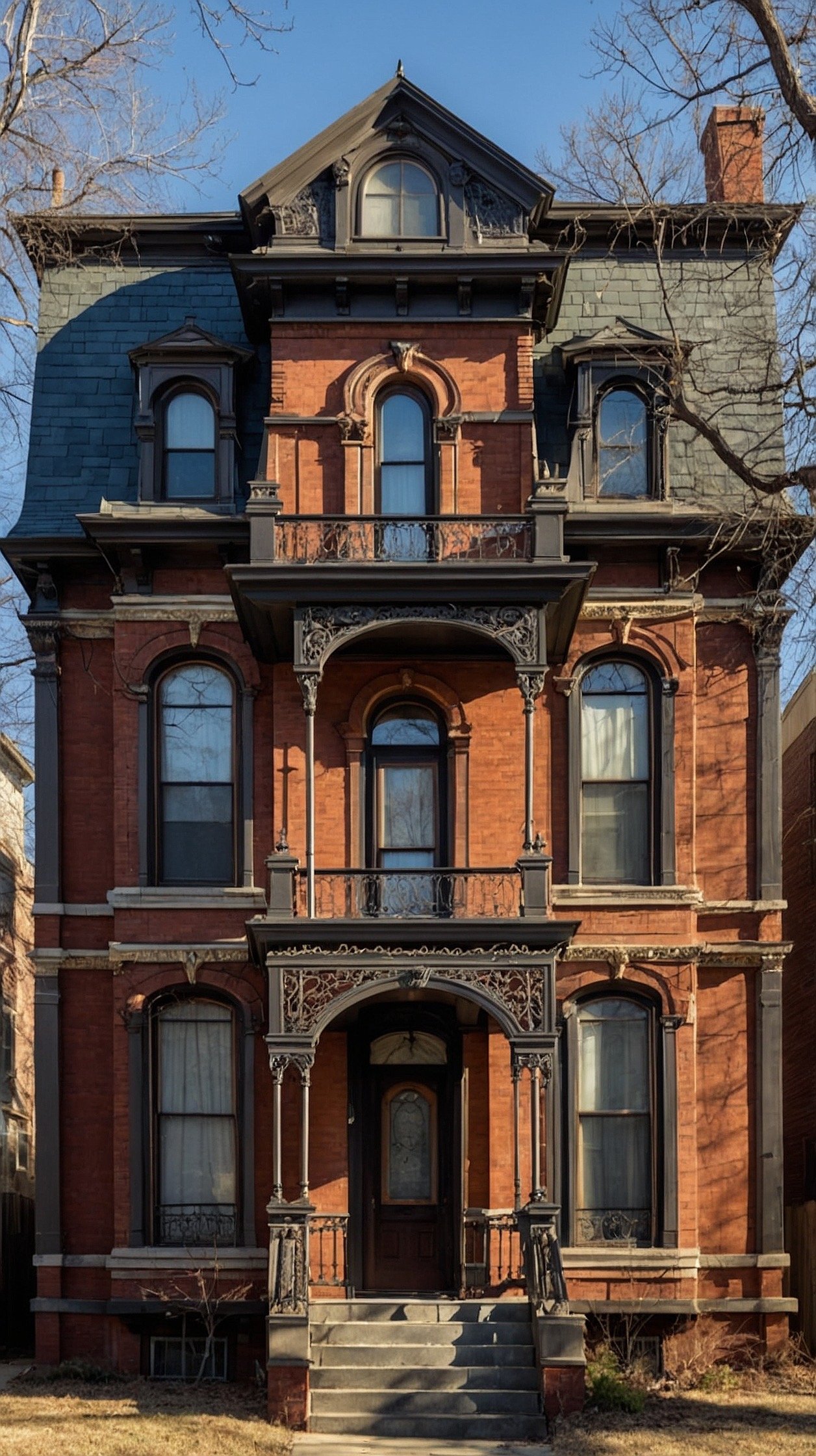 Historic Second Empire Victorian mansion featuring a mansard roof, ornate dormer windows, and symmetrical facade.