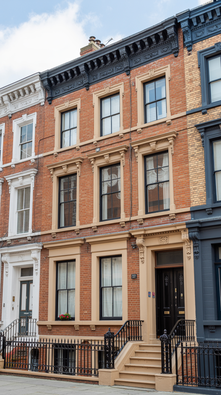 Historic red brick Victorian townhouse with ornate stone trim, tall sash windows, and decorative iron railings.