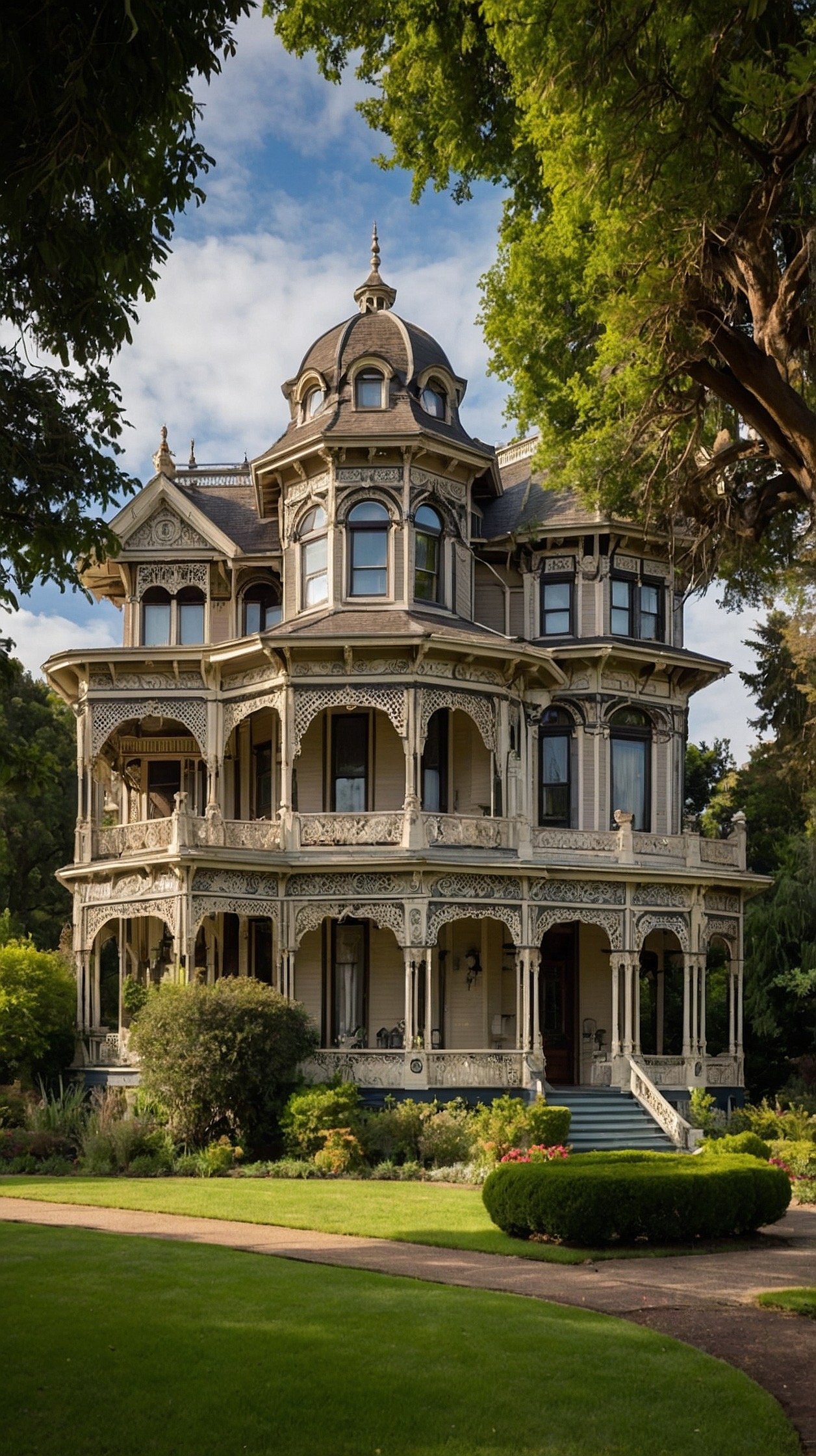Large Victorian house with a wraparound veranda, ornate columns, decorative trim, and beautifully landscaped gardens.