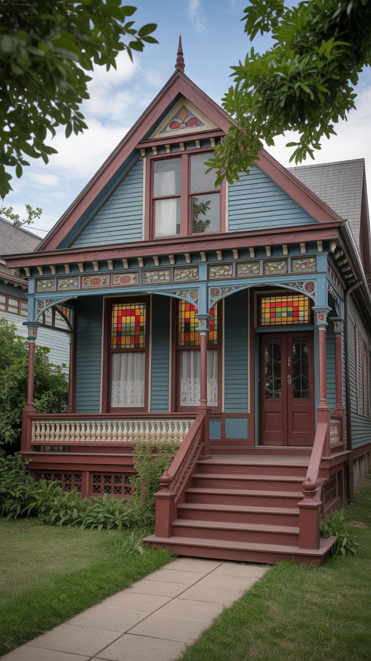 Victorian era home featuring colorful original stained glass windows, carved wood trim, and elegant historic architecture.