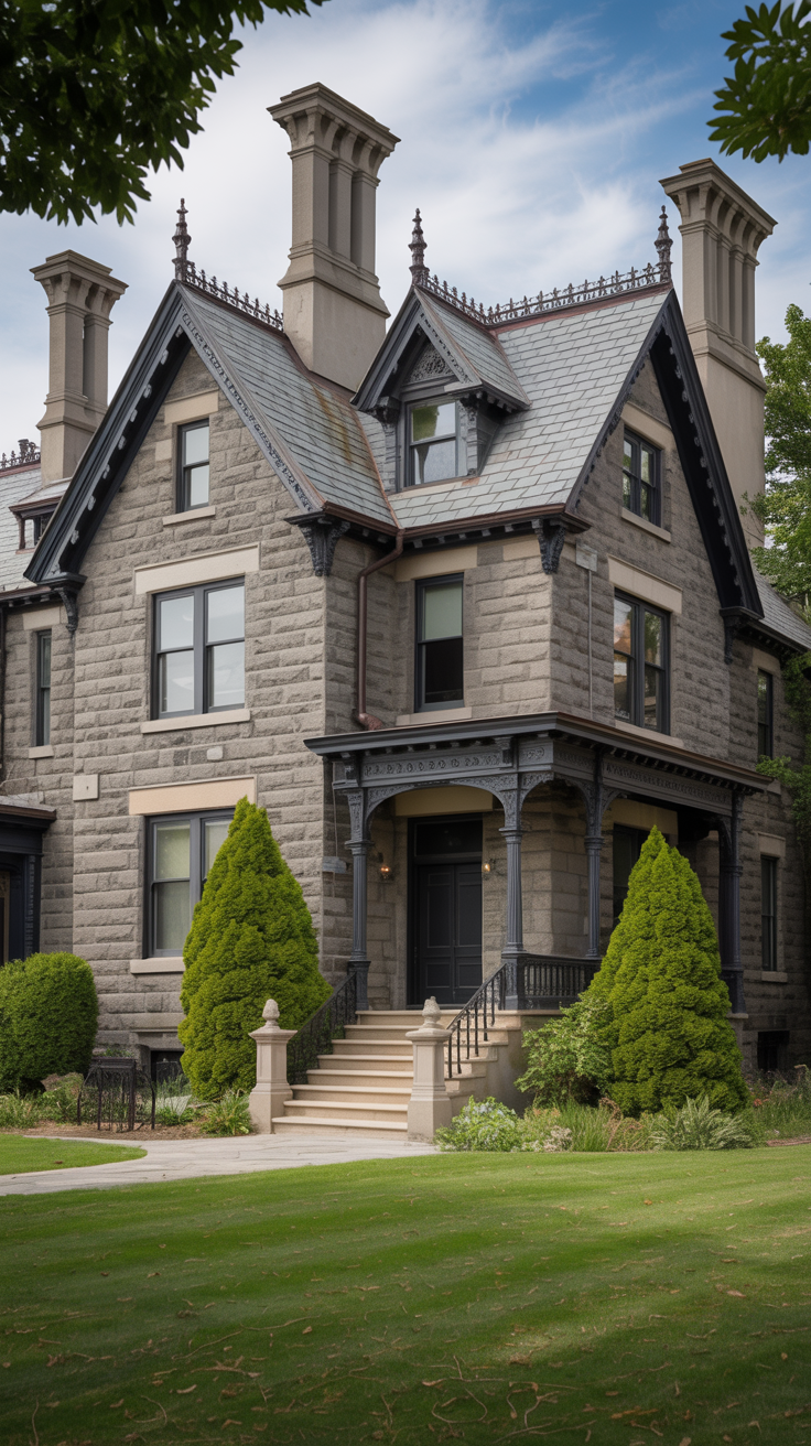 Historic Victorian stone estate with slate roof, grand chimneys, mature trees, and elegant architectural details.