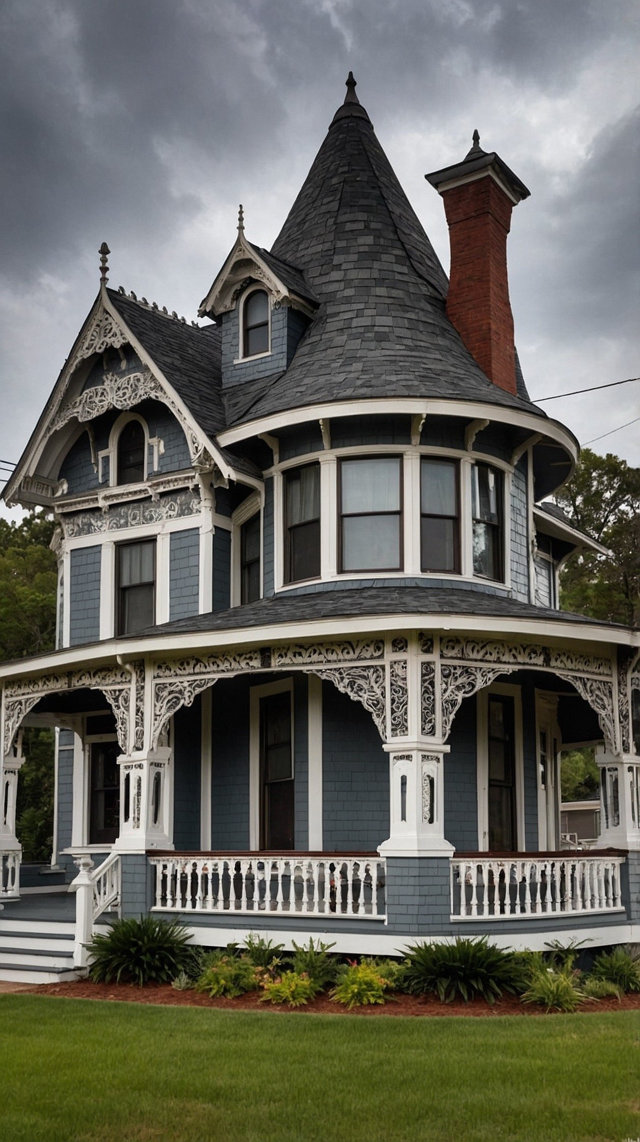Victorian house with a dramatic round turret, decorative shingles, ornate trim, and wraparound porch.