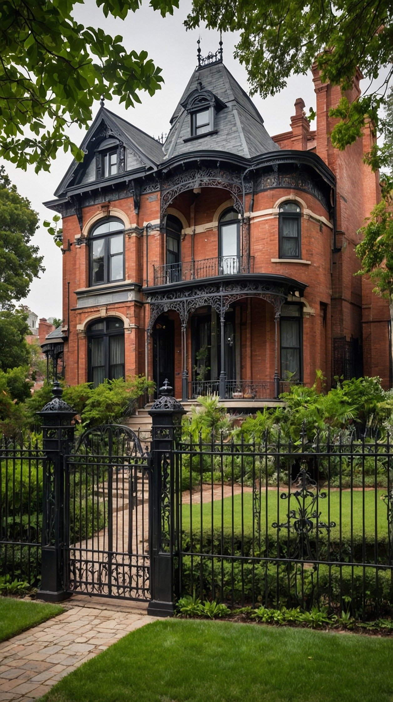 Victorian residence surrounded by ornate wrought iron fencing, mature gardens, and elegant historic architecture.