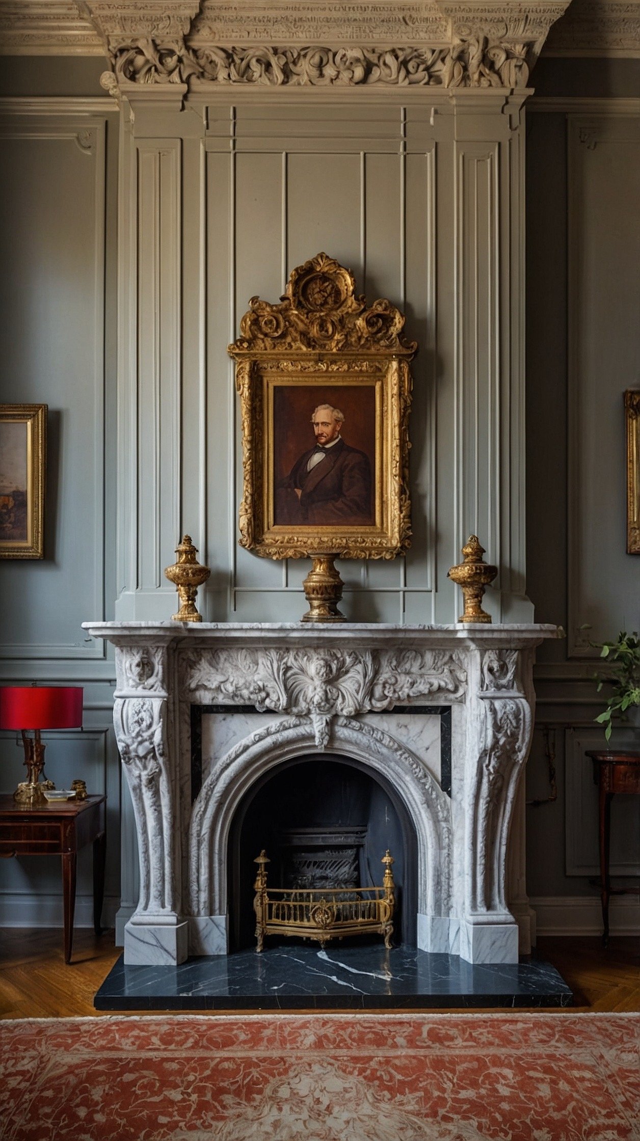 Historic Victorian interior featuring ornate marble fireplace, carved mantel, high ceilings, and period details.