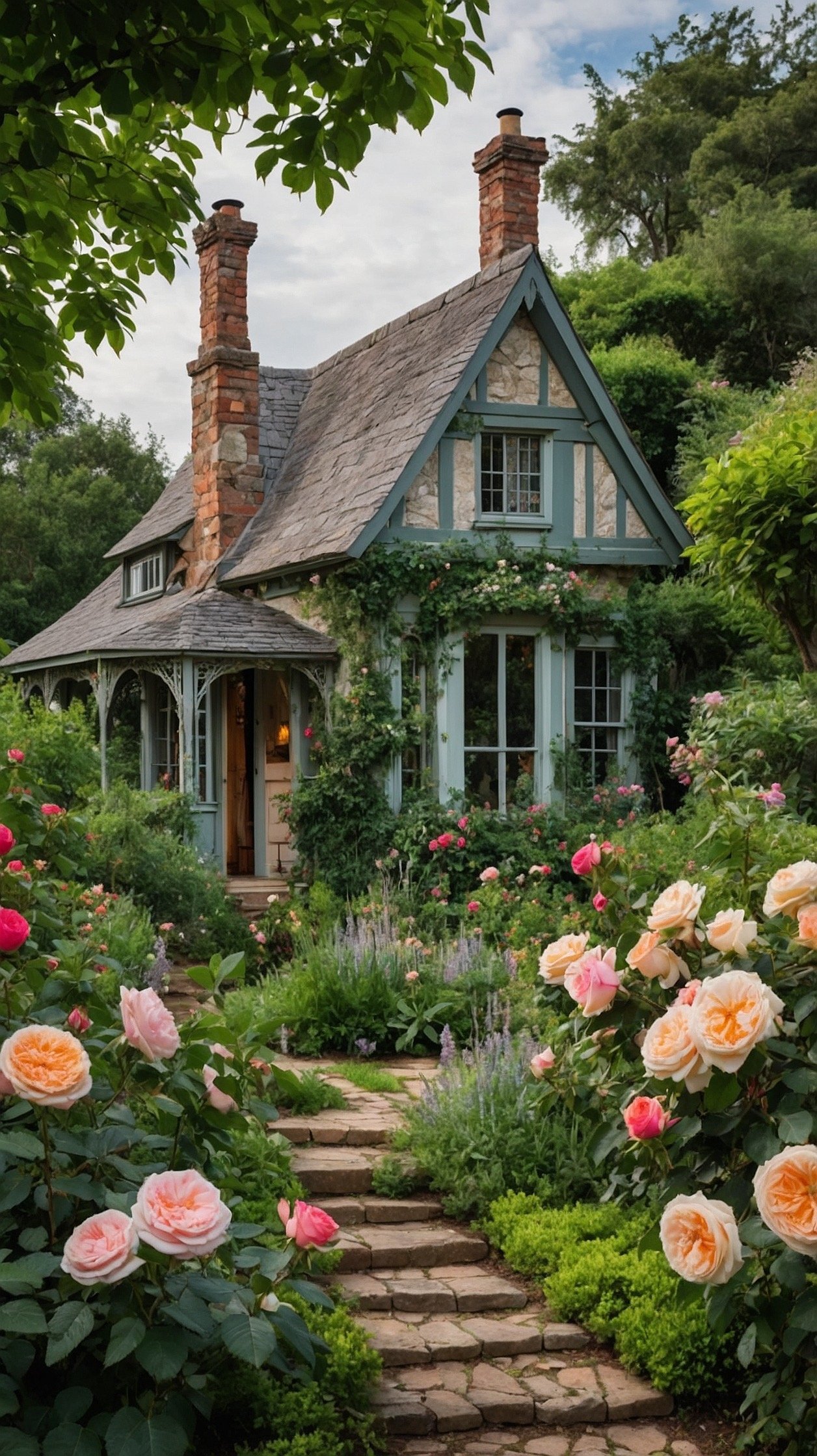 Small Victorian cottage hidden among lush cottage gardens with climbing roses, stone paths, and charming architectural details.