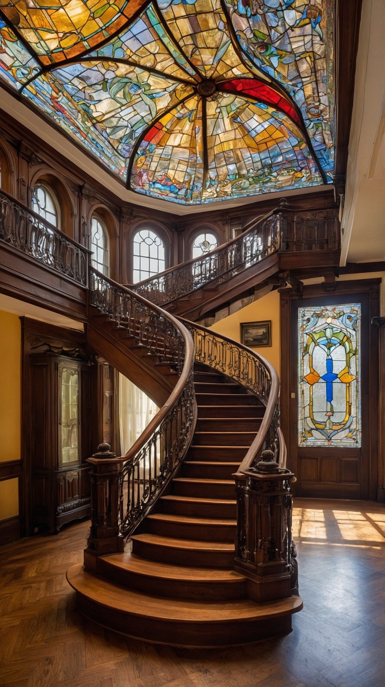 Grand Victorian mansion interior featuring sweeping wooden staircase, stained glass, carved balustrades, and ornate ceilings.