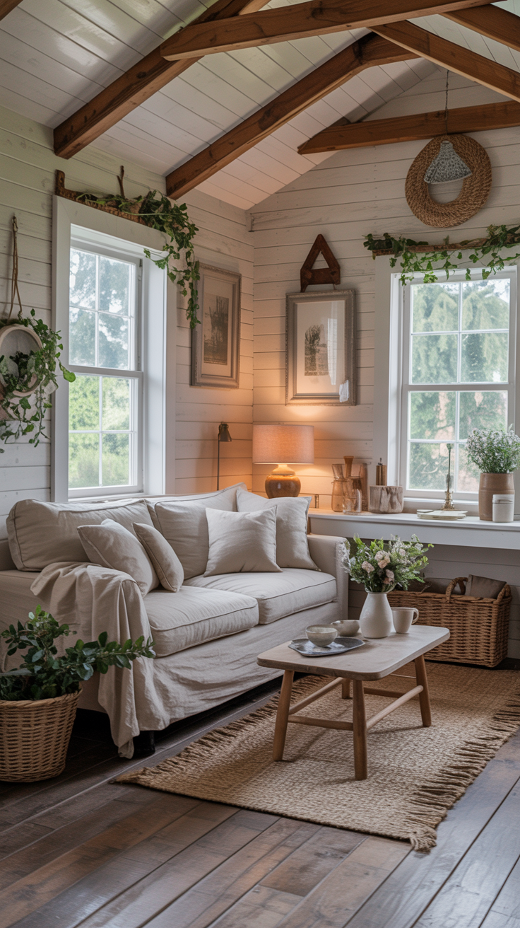 Cozy tiny house living room with whitewashed wood walls, linen sofa, exposed beams, and country cottage decor.