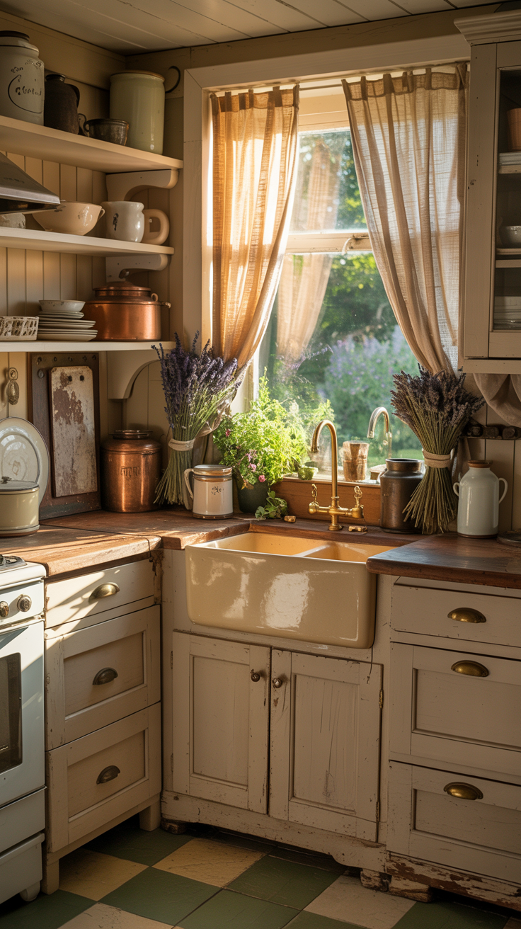 Tiny country cottage kitchen with open wooden shelves, farmhouse sink, white cabinets, and vintage accessories.
