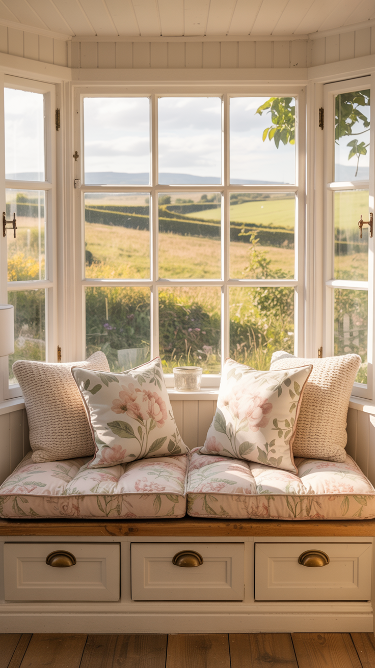 Tiny cottage interior featuring a built in window seat with storage drawers, floral cushions, and countryside views.
