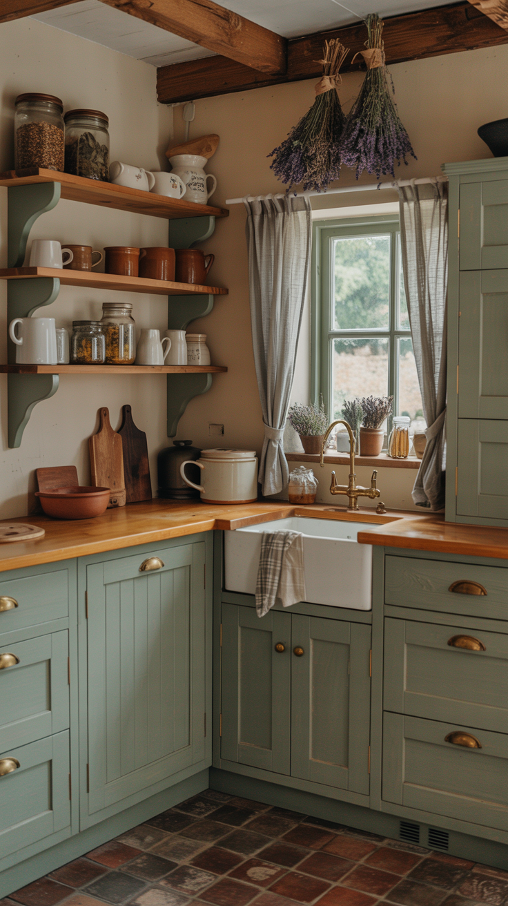 Tiny country cottage kitchen with sage green cabinets, butcher block countertops, and rustic open shelving.