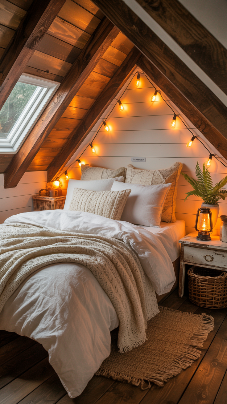 Tiny house loft bedroom with exposed timber beams, white bedding, warm lighting, and cozy country cottage styling.