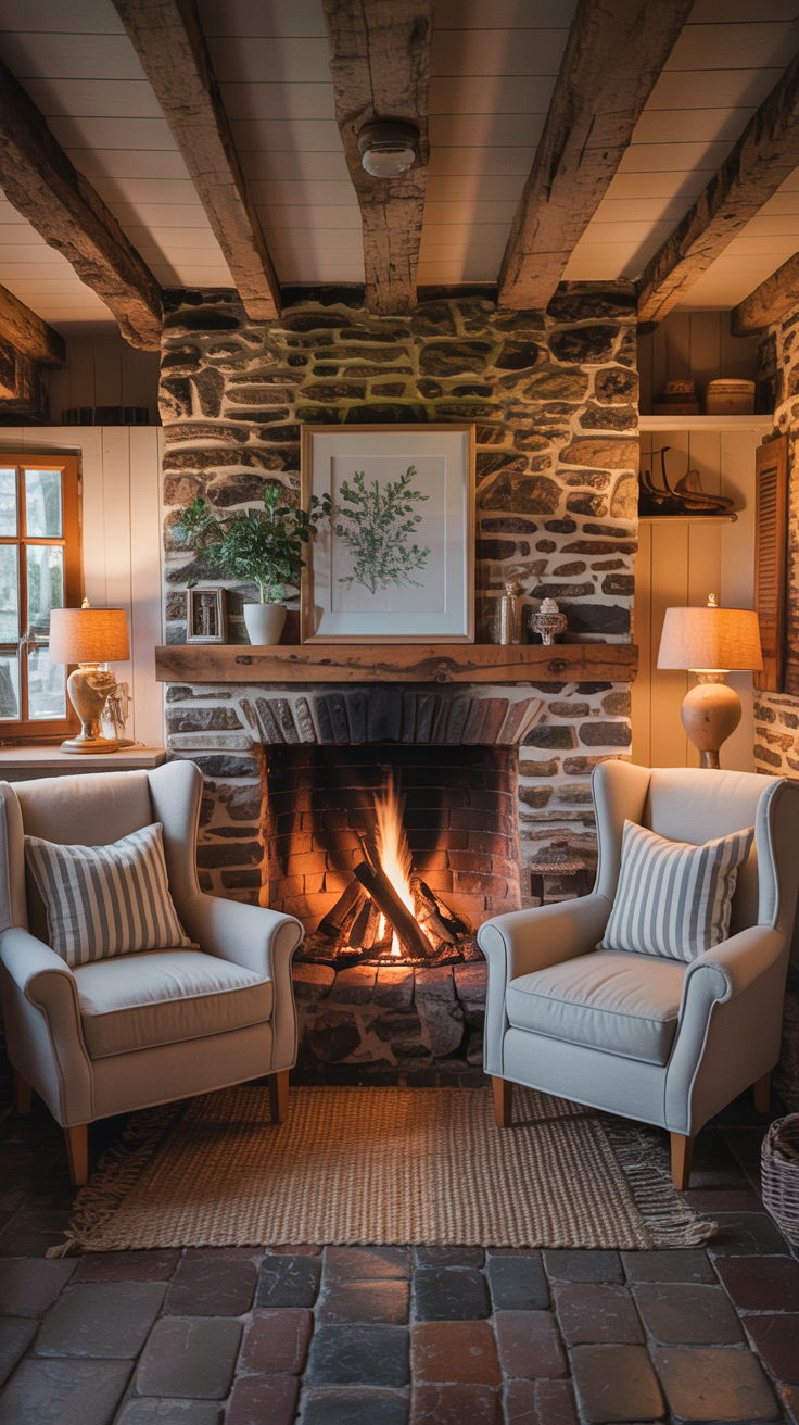 Cozy tiny country cottage interior with a rustic stone fireplace, reclaimed wood mantel, linen armchairs, and warm lighting.
