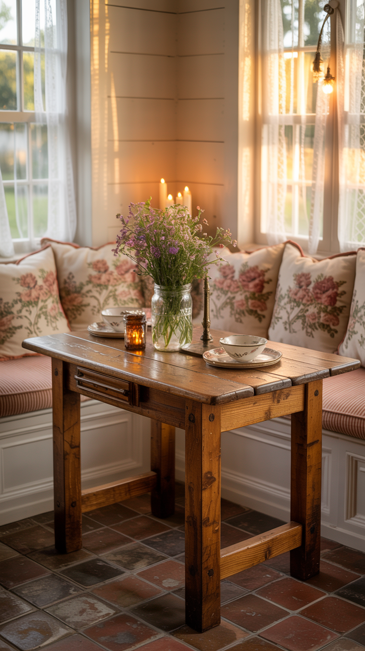 Tiny cottage dining nook with a farmhouse table, built in bench seating, floral cushions, and vintage country charm.