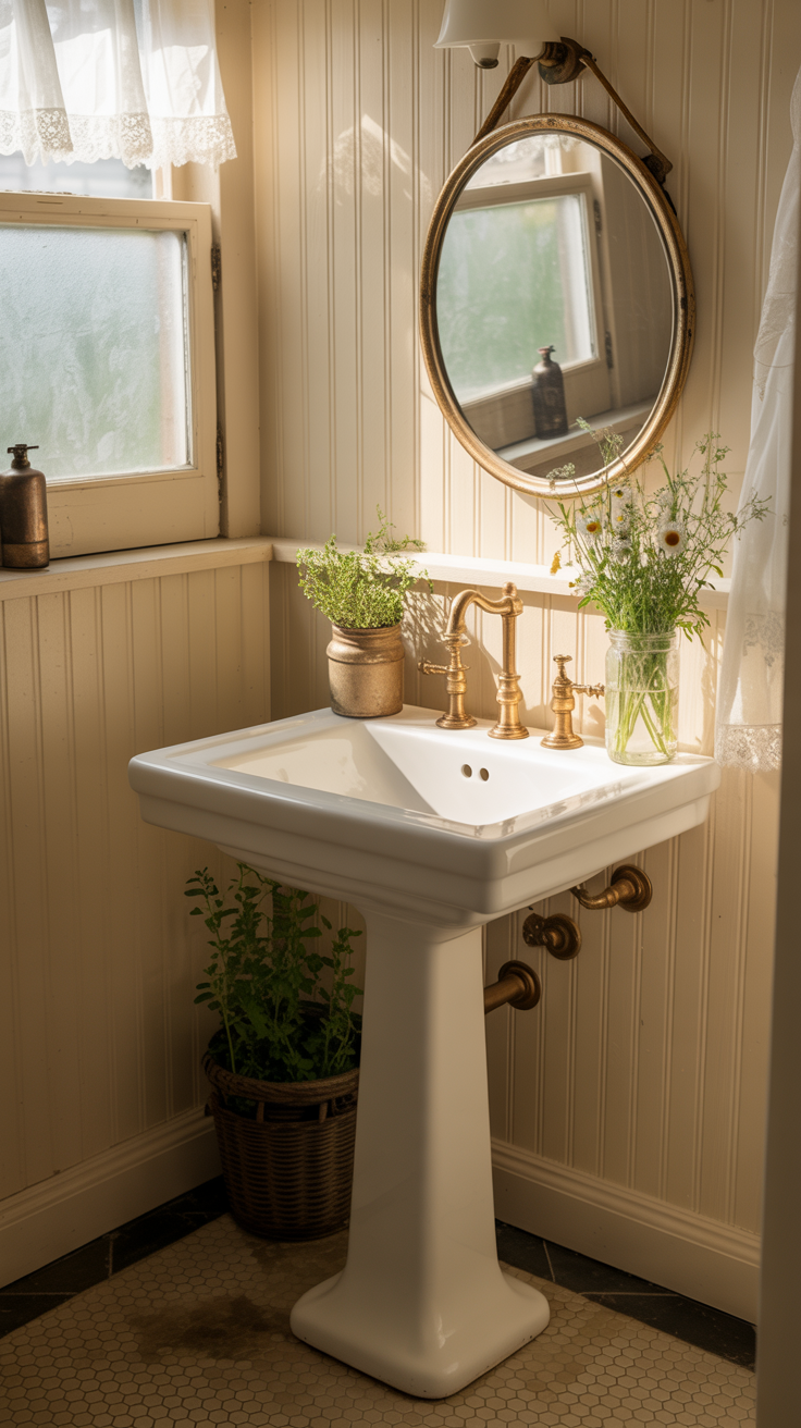 Tiny country cottage bathroom with white beadboard walls, pedestal sink, brass fixtures, and vintage charm.