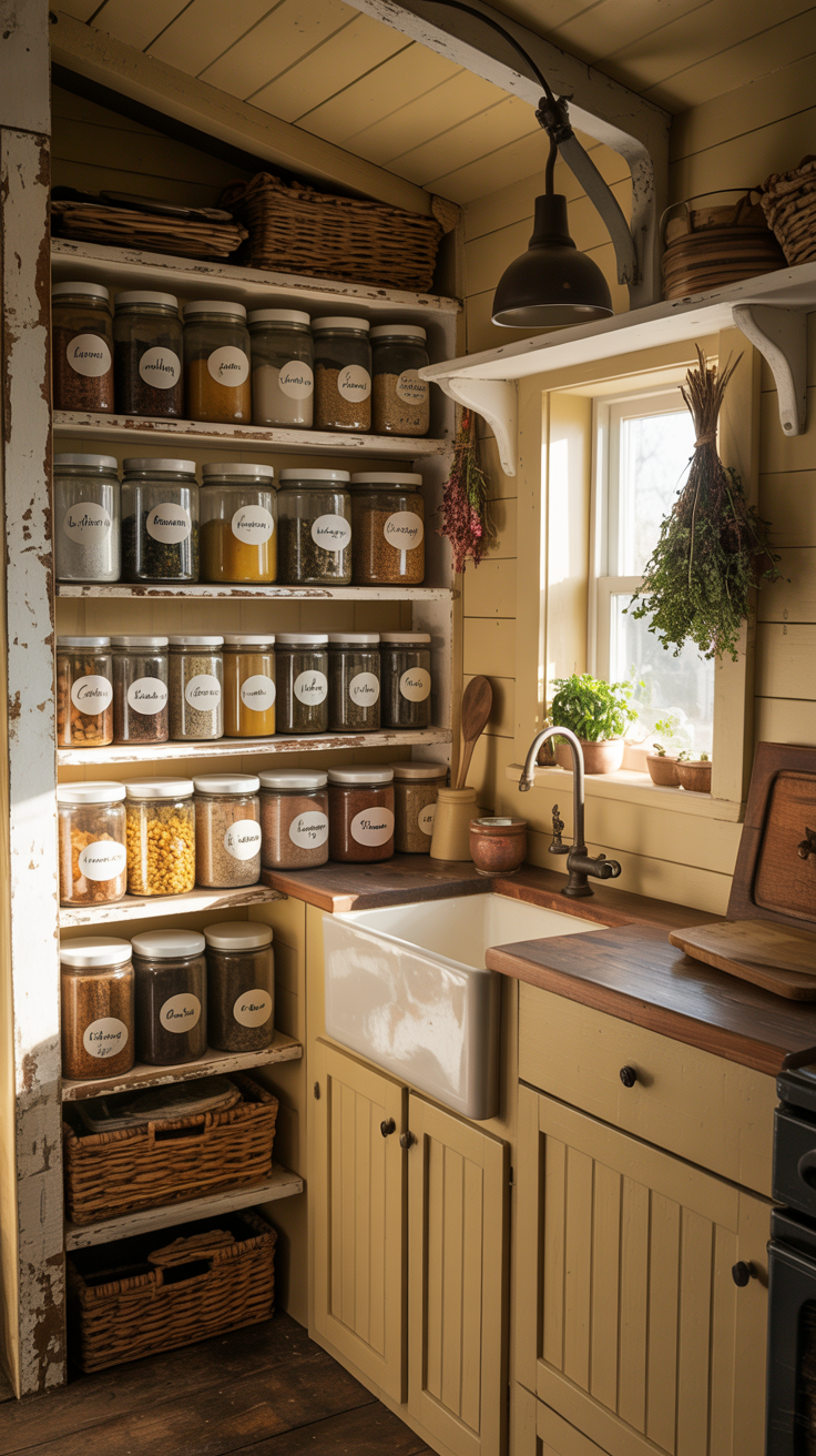 Tiny house country cottage kitchen with an open pantry, wooden shelves, glass storage jars, and farmhouse styling.