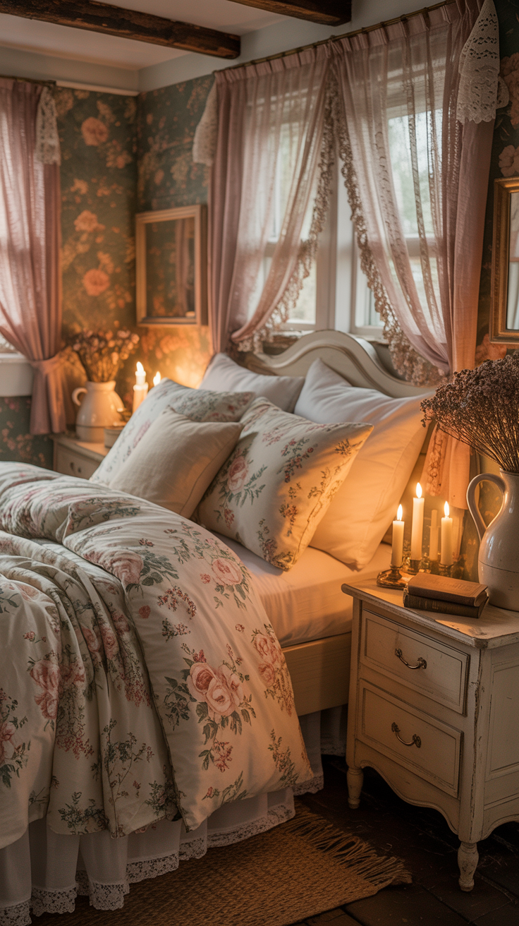 Tiny country cottage bedroom with floral bedding, painted wood furniture, soft lighting, and vintage decor.