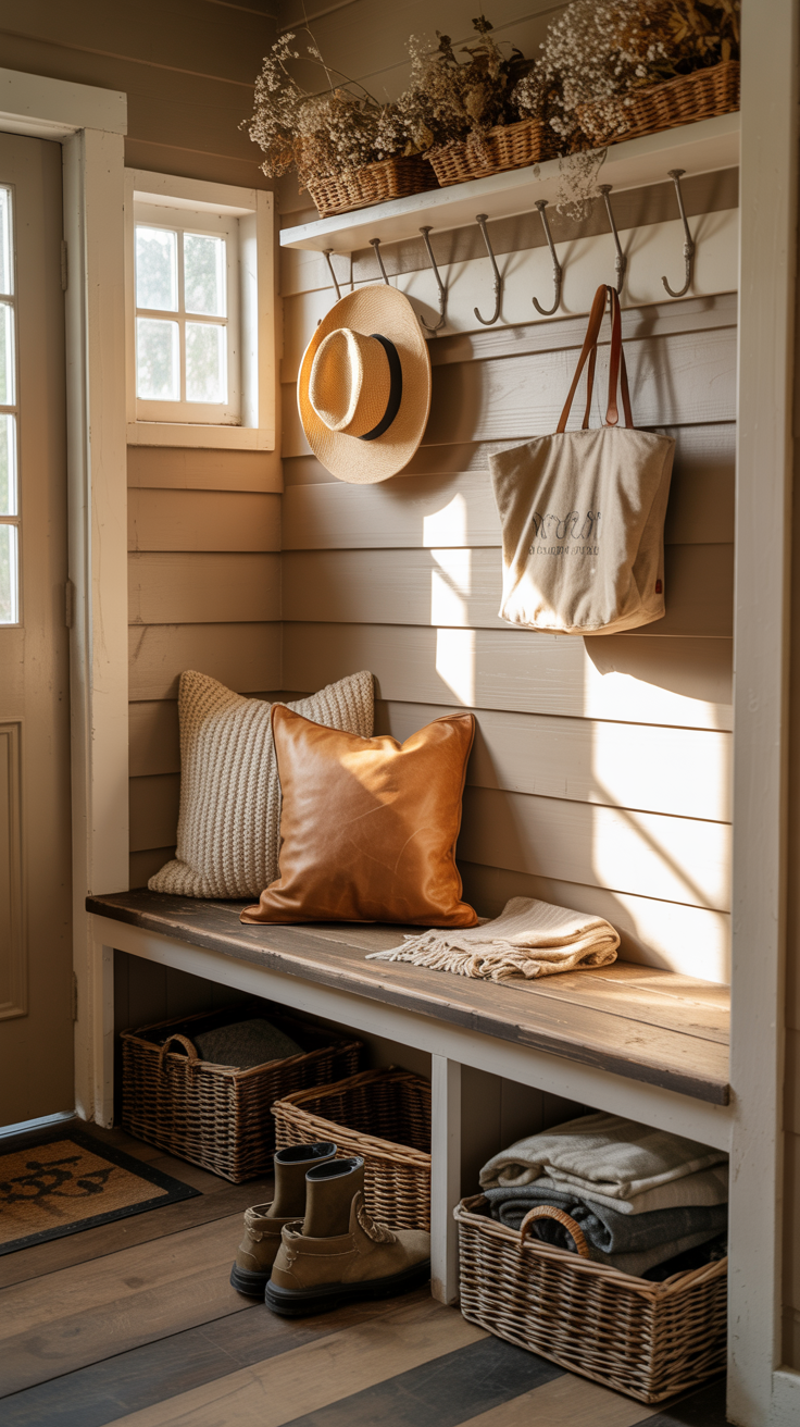 Tiny country cottage entryway with built in storage bench, wooden hooks, woven baskets, and cozy farmhouse styling.