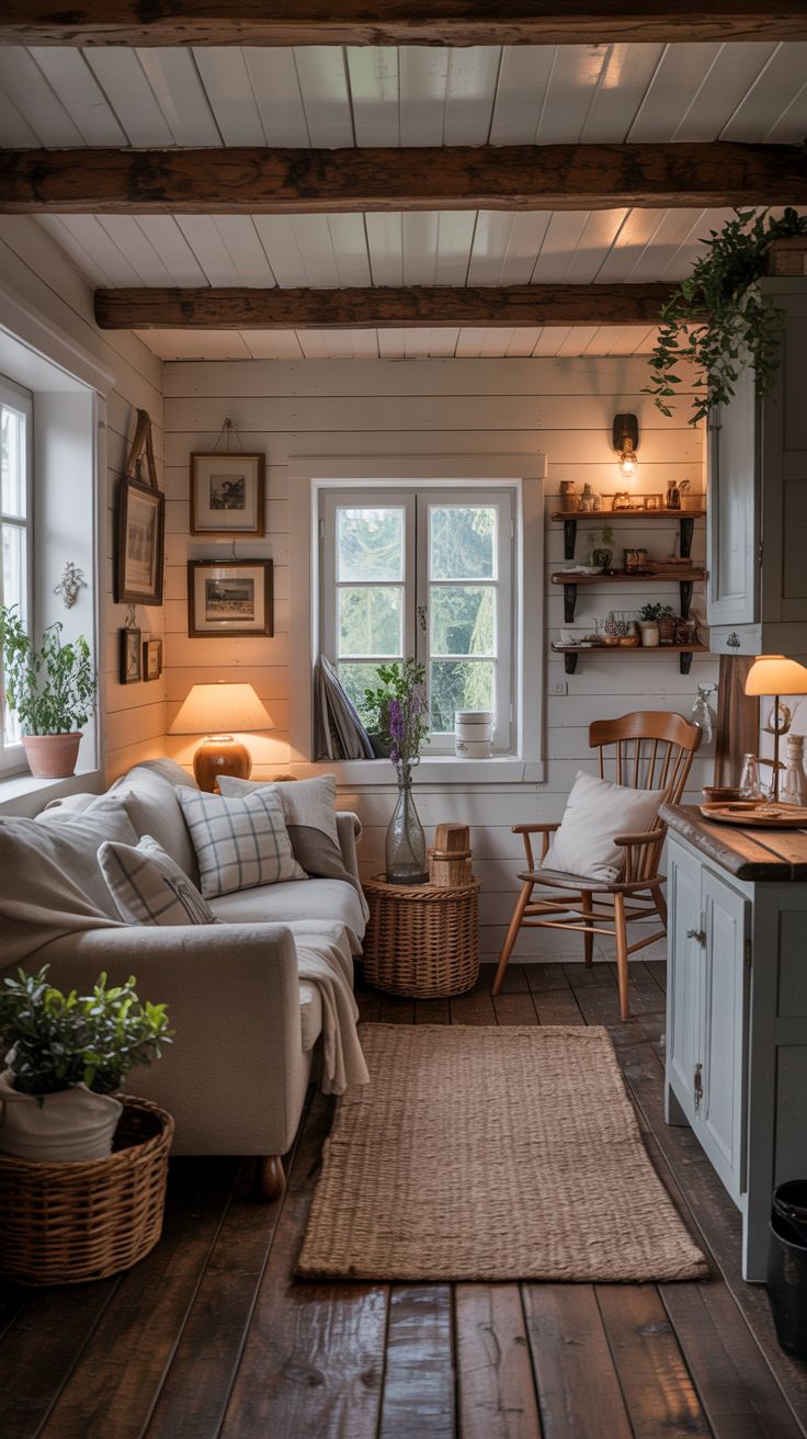 Tiny country cottage interior with exposed timber ceiling beams, warm white walls, rustic wood flooring, and cozy farmhouse decor.