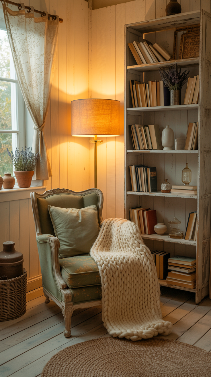 Tiny cottage reading nook with a vintage armchair, floor lamp, bookshelf, knitted throw, and cottage style decor.
