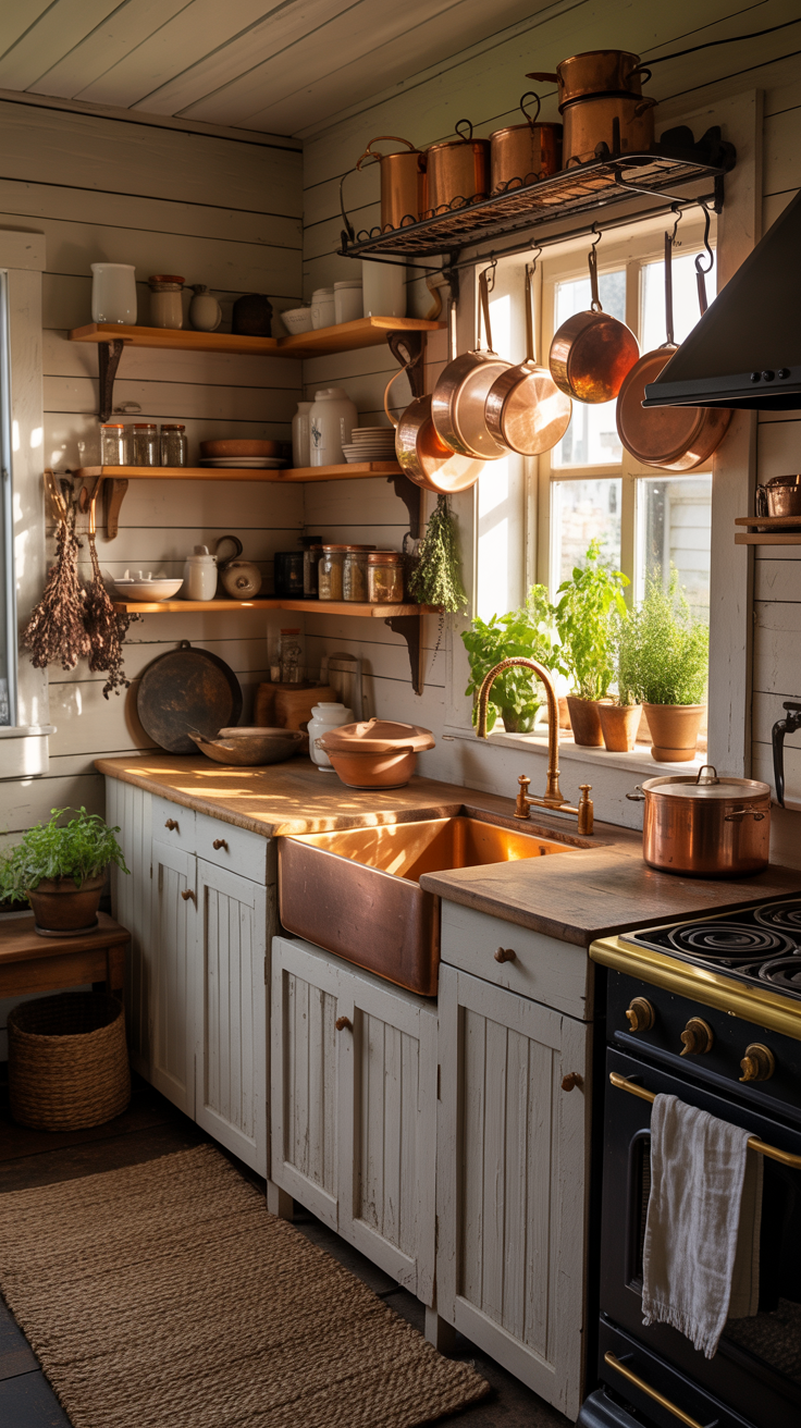 Tiny country cottage kitchen with hanging copper pots, open shelving, butcher block countertops, and farmhouse styling.