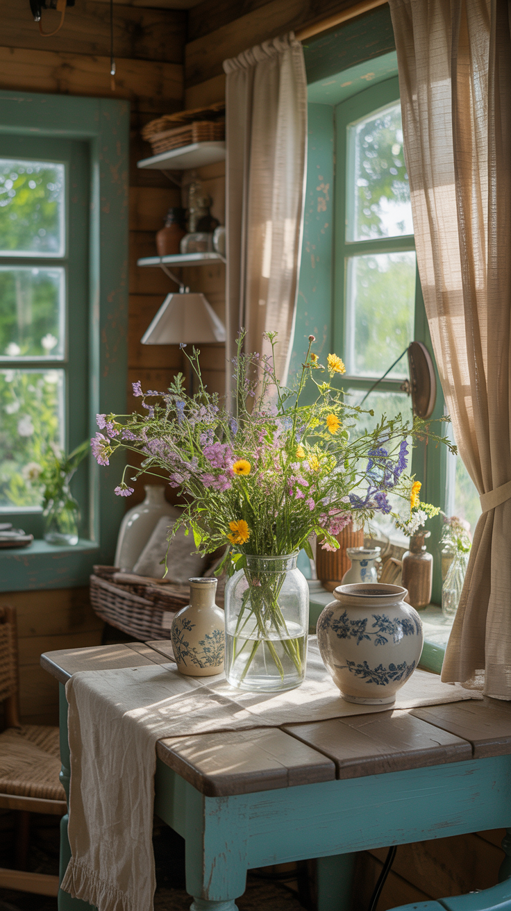 Tiny country cottage interior decorated with fresh wildflowers, vintage vases, linen curtains, and warm natural light.