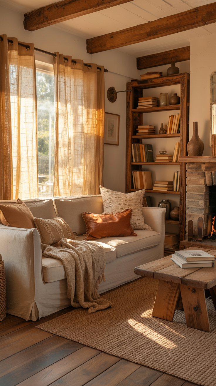 Tiny cottage living room with warm neutral colors, linen furniture, natural wood accents, and layered cozy textures.